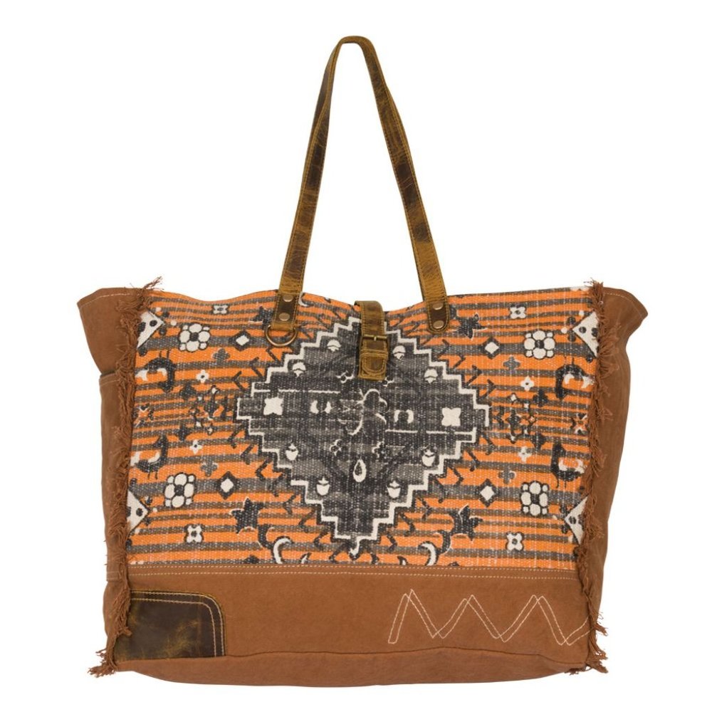 Myra Bag Handmade Rust Affair  Weekender Bag Upcycled Canvas & Cowhide L… - Picture 4 of 5